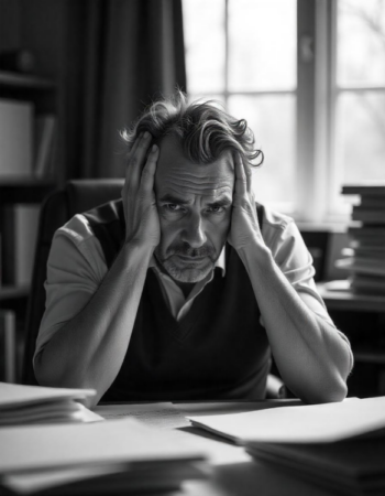 stresszes-ferfi-iroasztalnal Elmélkedő férfi íróasztalnál, papírokkal körülvéve, a munka és saját álmok közötti dilemmát szimbolizálva.
