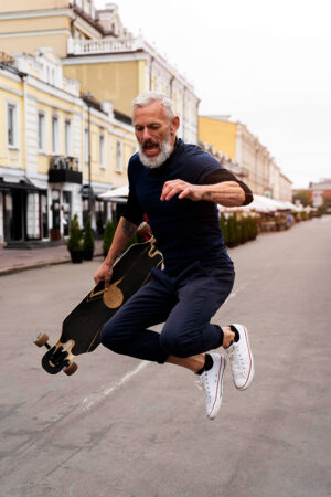 Idősebb férfi ugrás közben egy longboarddal a kezében, energikus és aktív életmódot sugallva.